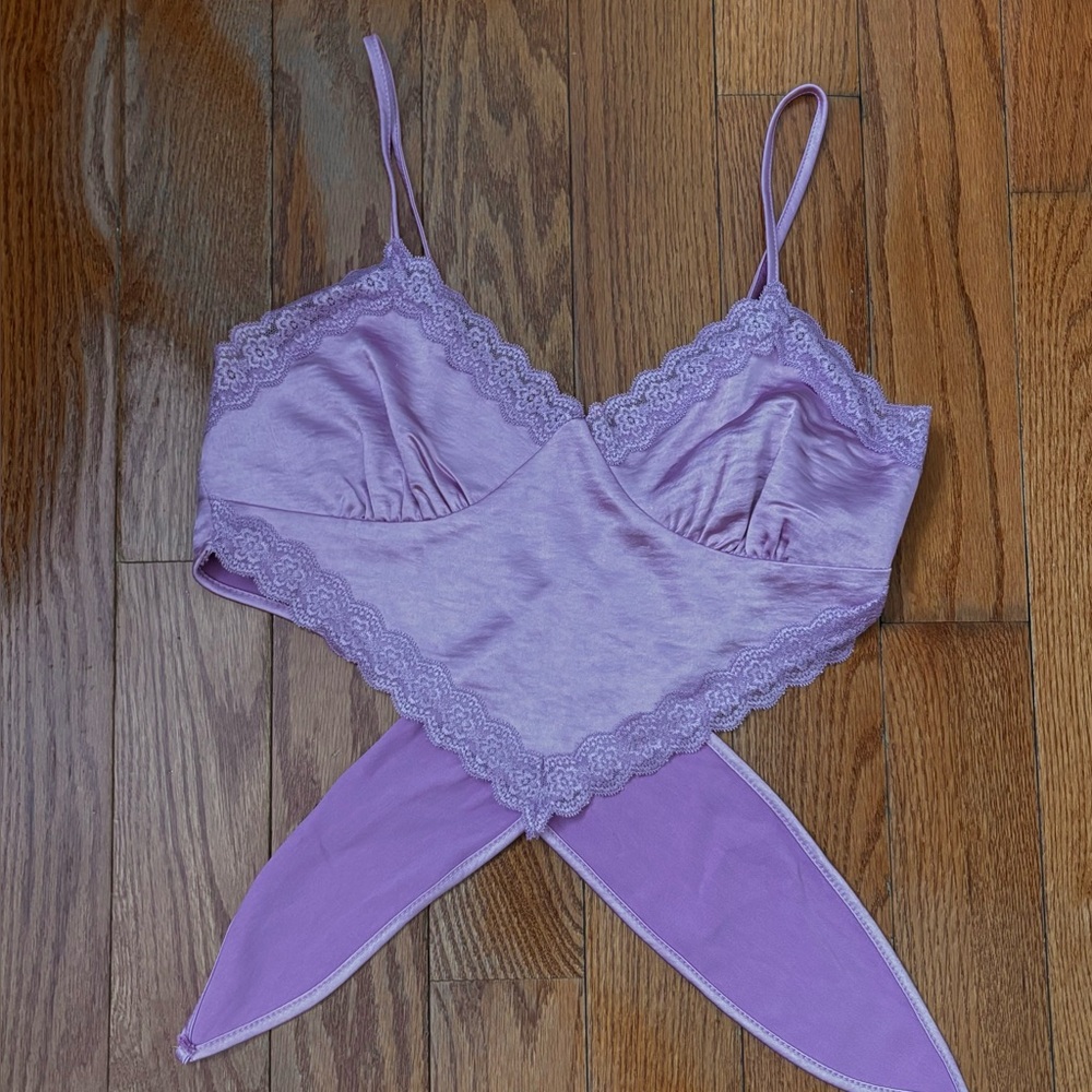 NWT Purple Lace Cami Tie Back Satin Top
